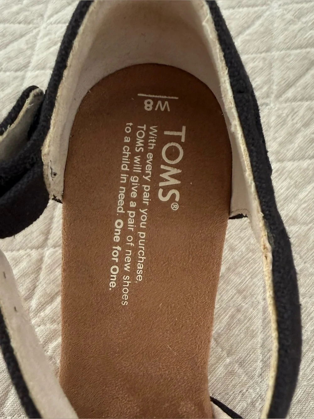 Like New TOMS Sienna Black Canvas Strap Wedge Sandal Cork Heel Size 8